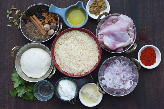 Raw ingredients for chicken biryani recipe