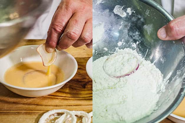 Dipping onion rings in egg and flour