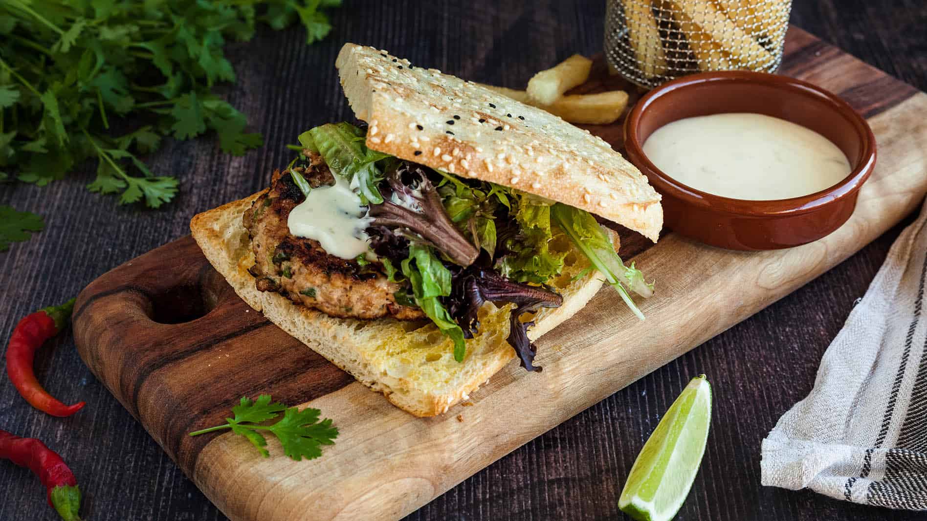 Coriander and Chilli Infused Chicken Burger with Lime Mayonnaise