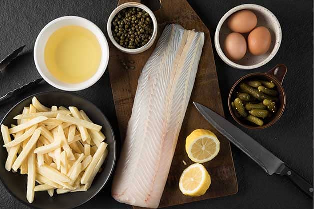 Image of the raw ingredients for the fish and chips recipe