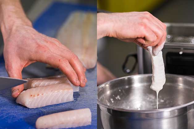 An image of the chef slicing the fish and covering it in batter