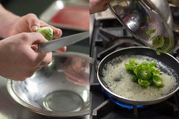 Chef peeling then boiling the brussels over the stove