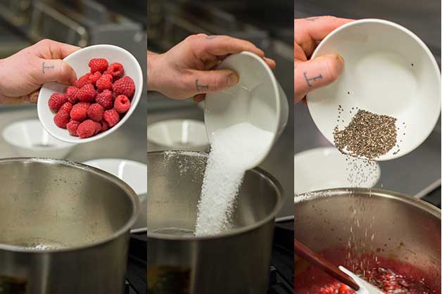 The photo shows the steps of the raspberry jam being created