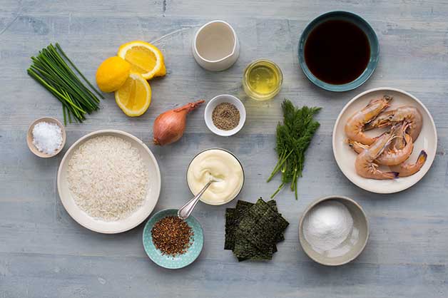 An image showing all of the ingredients for the prawn tartare recipe