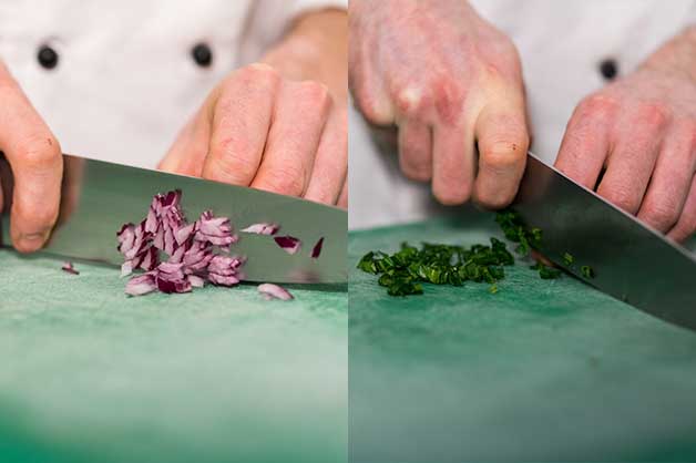 Image of the chef slicing the onion and spinach