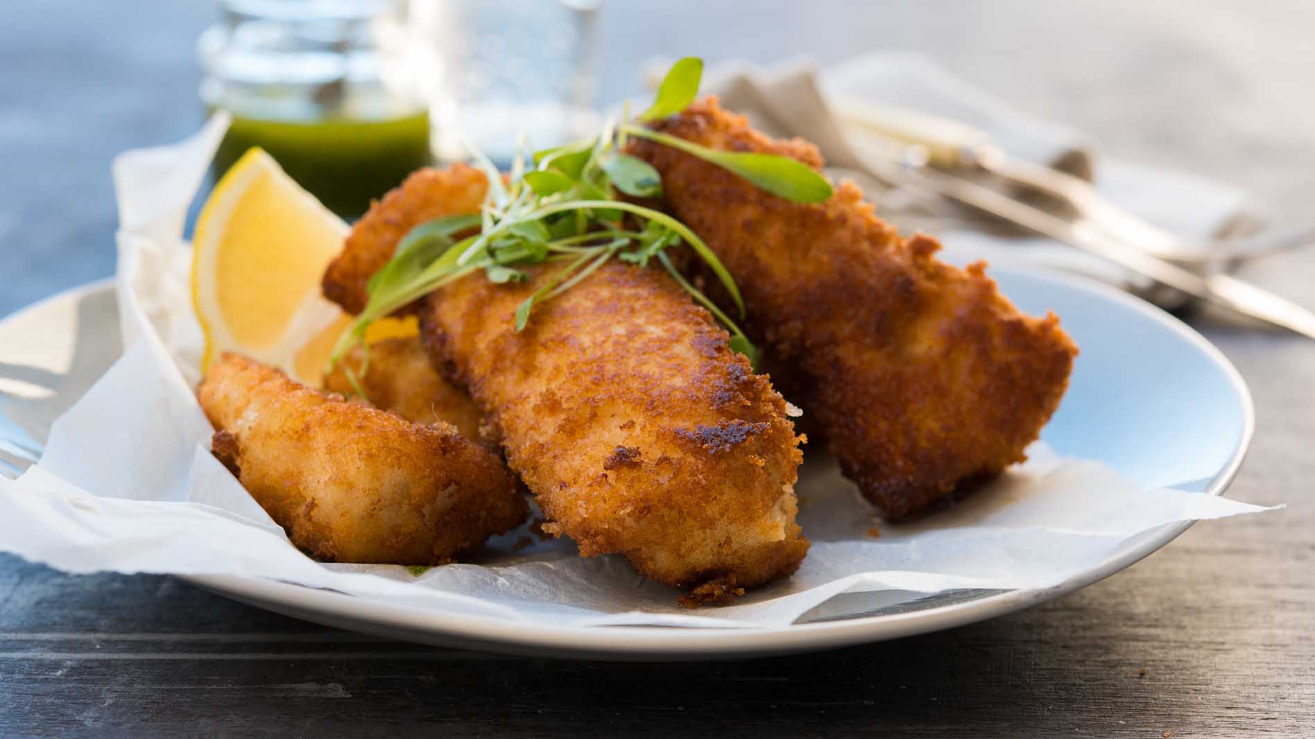 Crumbed Flathead Fillets with Spicy Zhoug Dressing