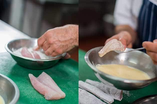 Then, the chef is seen coating the flathead fillets with flour, egg and breadcrumbs