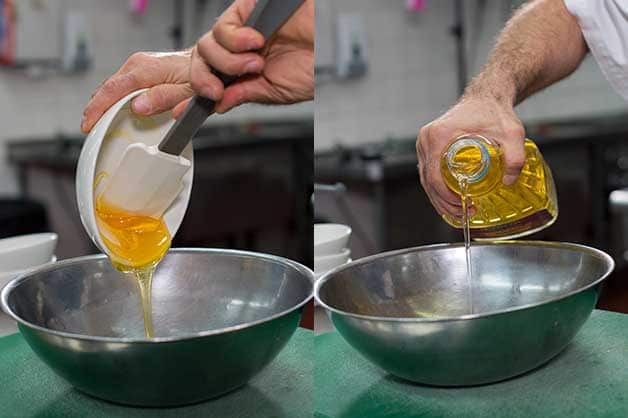 In a separate bowl, the chef combines the honey and oil