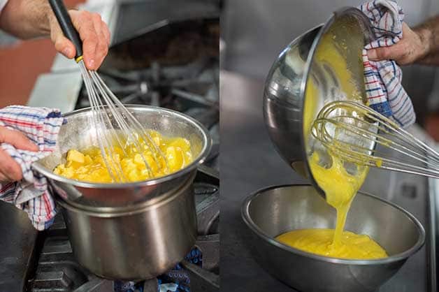 The chef is combining ingredients for the lemon curd