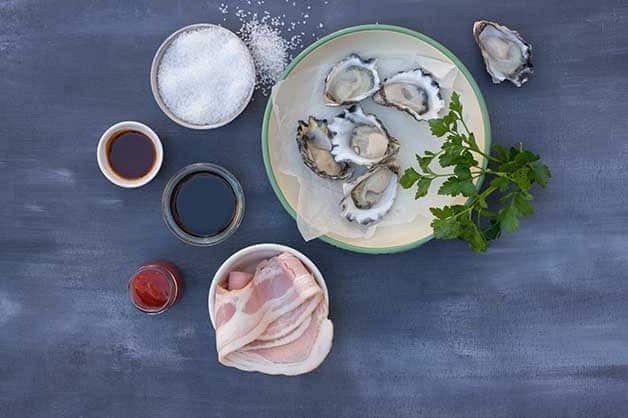 Photo of the raw ingredients used for the oysters Kilpatrick dish