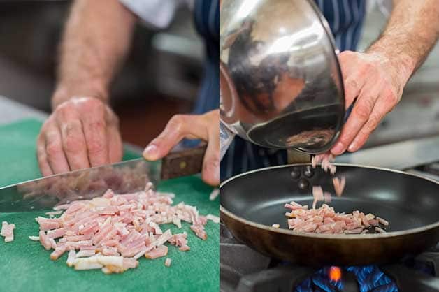 The chef is seen dicing and frying the sliced bacon
