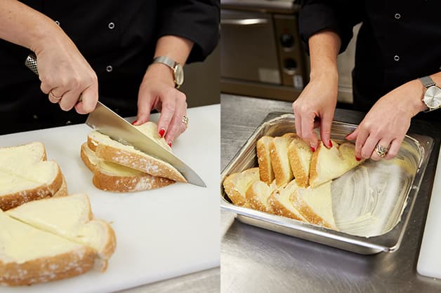 The chef is pictured slicing the bread and placing it in the baking dish
