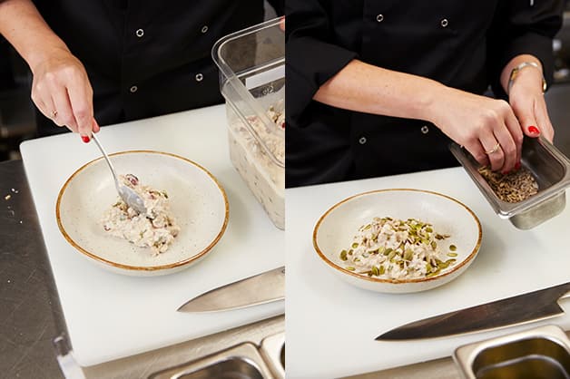 The chef is seen scooping the overnight bircher into a bowl