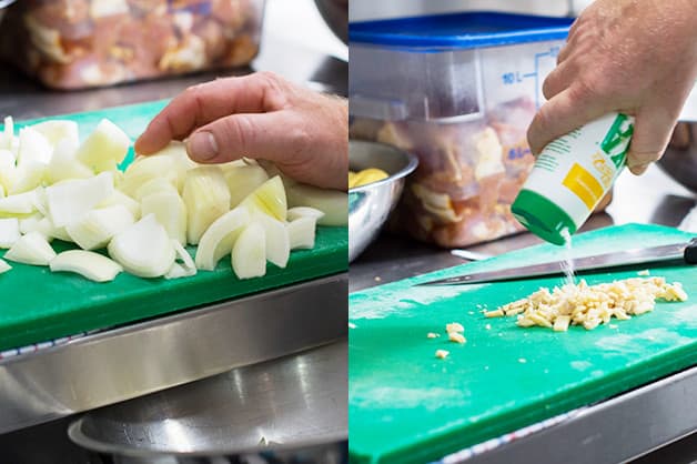 Image shows the chef crushing the ginger and slicing the onion