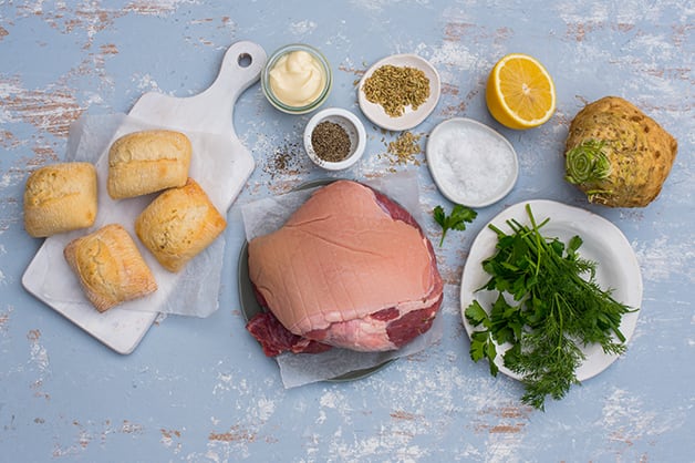 Image shows all of the raw ingredients used in the pulled pork rolls recipe