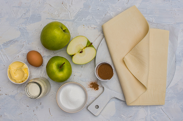 Image shows all the raw ingredients for the apple pie