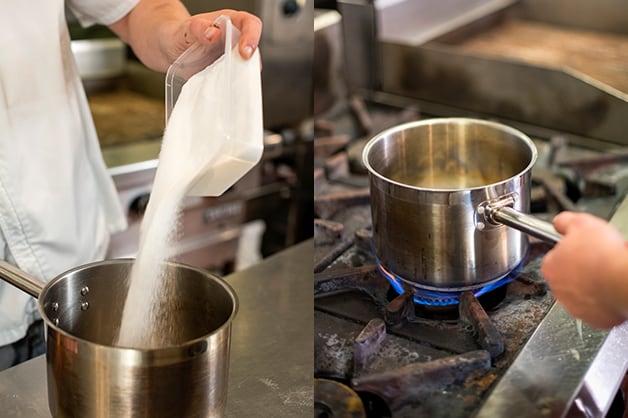 Image shows the chef melting the caster sugar in a pan