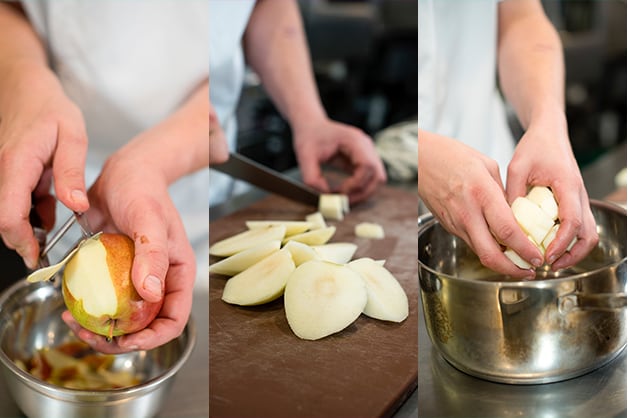 The chef is pictured peeling and slicing the pears