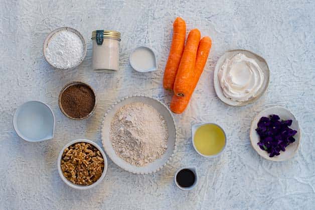 This image shows the raw ingredients for vegan carrot cake recipe