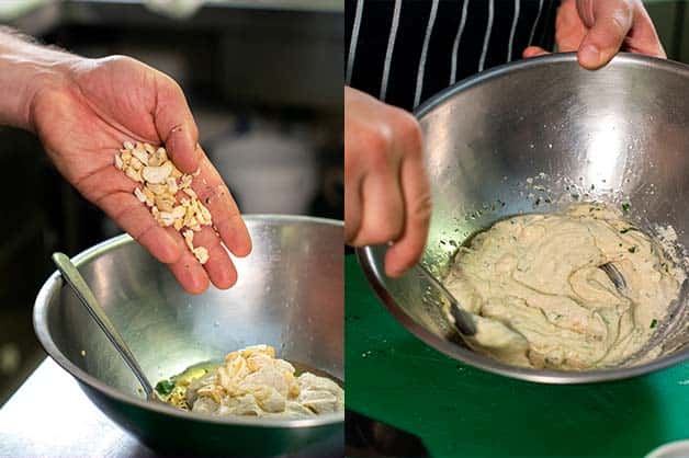 Image shows the chef combining the ingredients for his filling