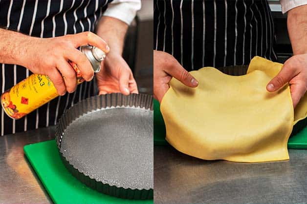 The chef lays the Pampas Shortcrust Pastry over a Gold'n Canola Spray tin