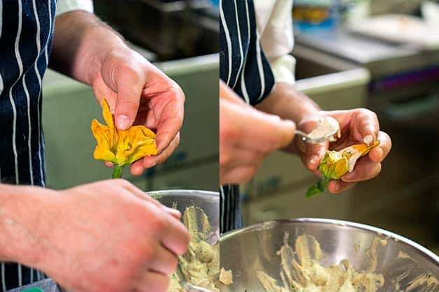 Image shows the chef filling the zucchini flowers