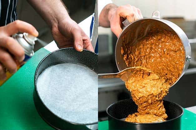 The chef is seen spraying the tin with oil then pouring in the batter