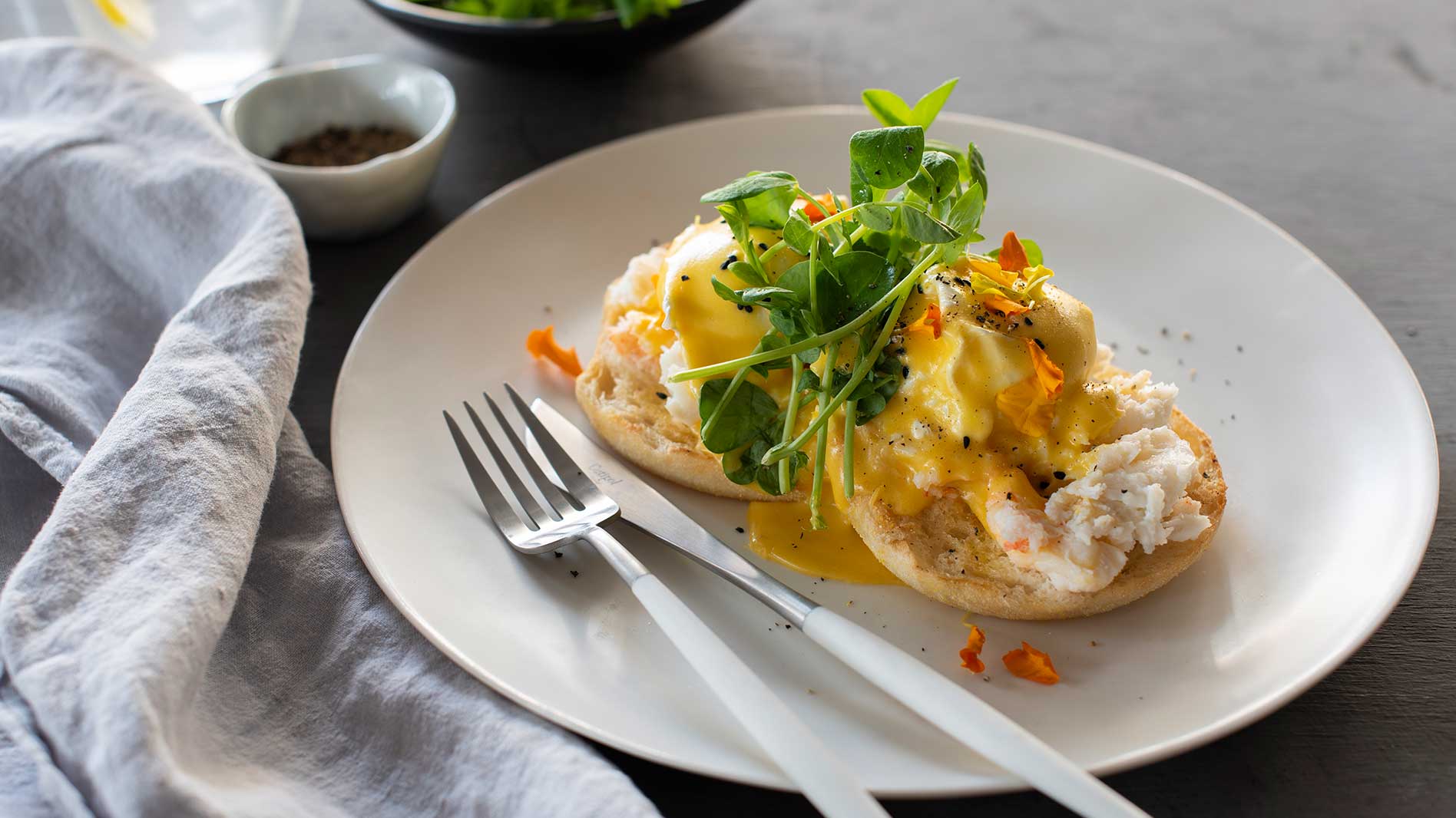 Breakfast menu ideas: Eggs Benedict, Spanner Crab & Wasabi