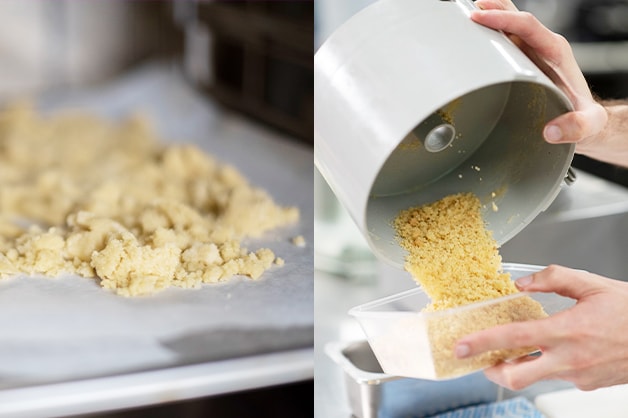 Bake the crumb and then crush it in a robo coupe
