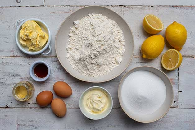 Raw ingredients for the lemon syrup cake