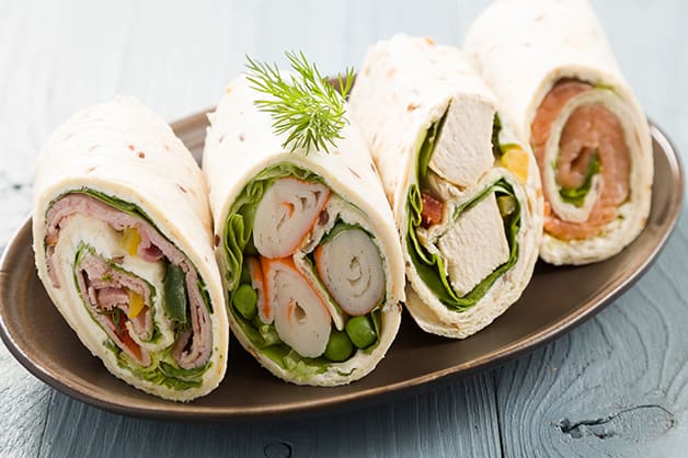 Photo shows four wraps, each with different fillings