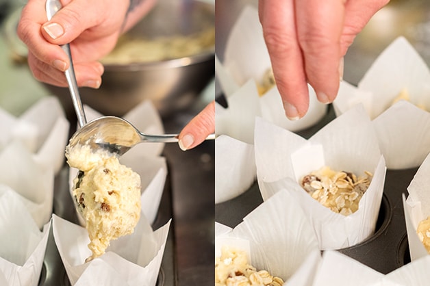 Chef is pictured pouring mixture into muffin cups