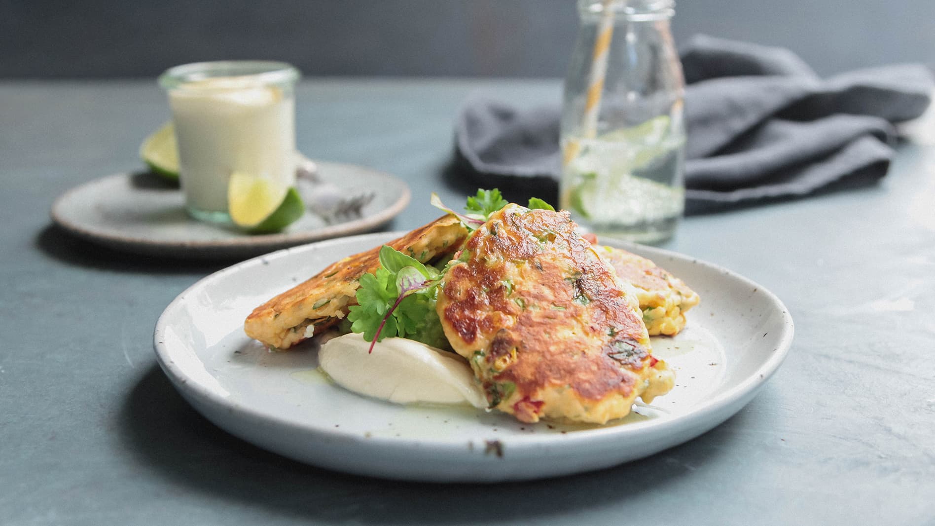 Corn Fritters with Smashed Avocado And Sour Cream