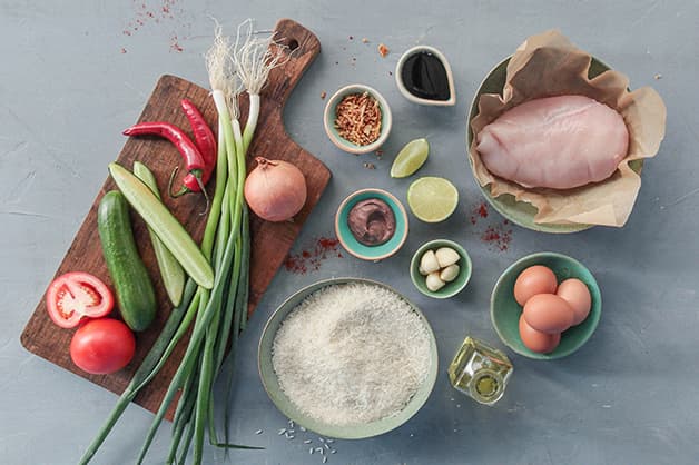 Pictured are the raw ingredients for the Nasi goreng dish