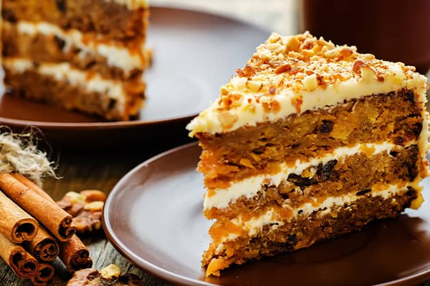 Image is of carrot cake with cream cheese frosting