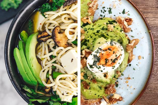 Two meals with avocado on it