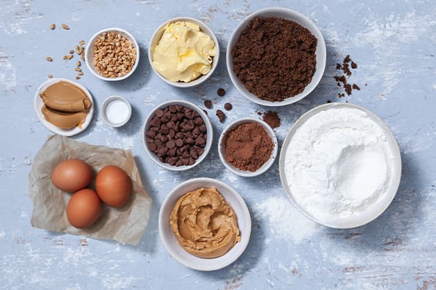 Raw ingredients for the peanut butter brownie recipe