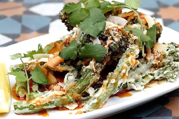 Yulli's Korean Fried Broccolini with Sticky Chilli Sauce, Toasted Coconut and Almond